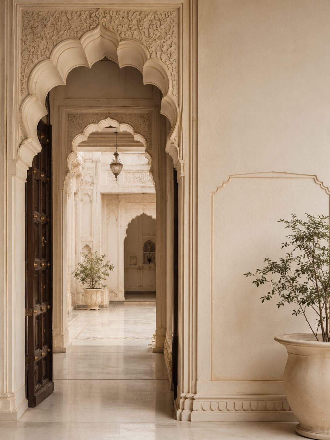Sunlit corridor with carved arches and warm stone finishes