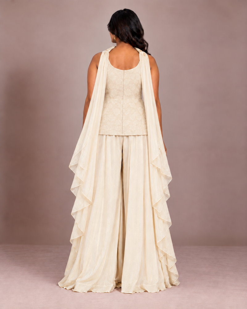 Chaandni ivory and gold embroidered sharara set, back with shoulder drapes — AI-styled photo 2 of 2