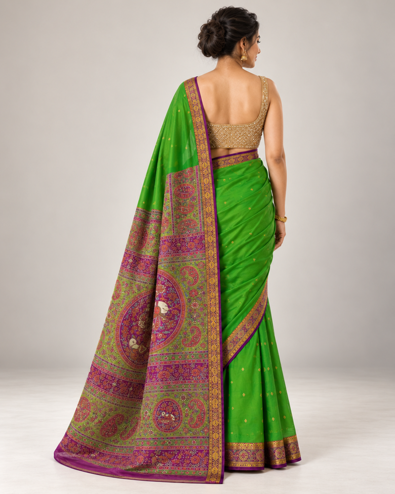 Pachcha Pure Raw Silk Saree, back showing the pallu — AI-styled photo 2 of 2