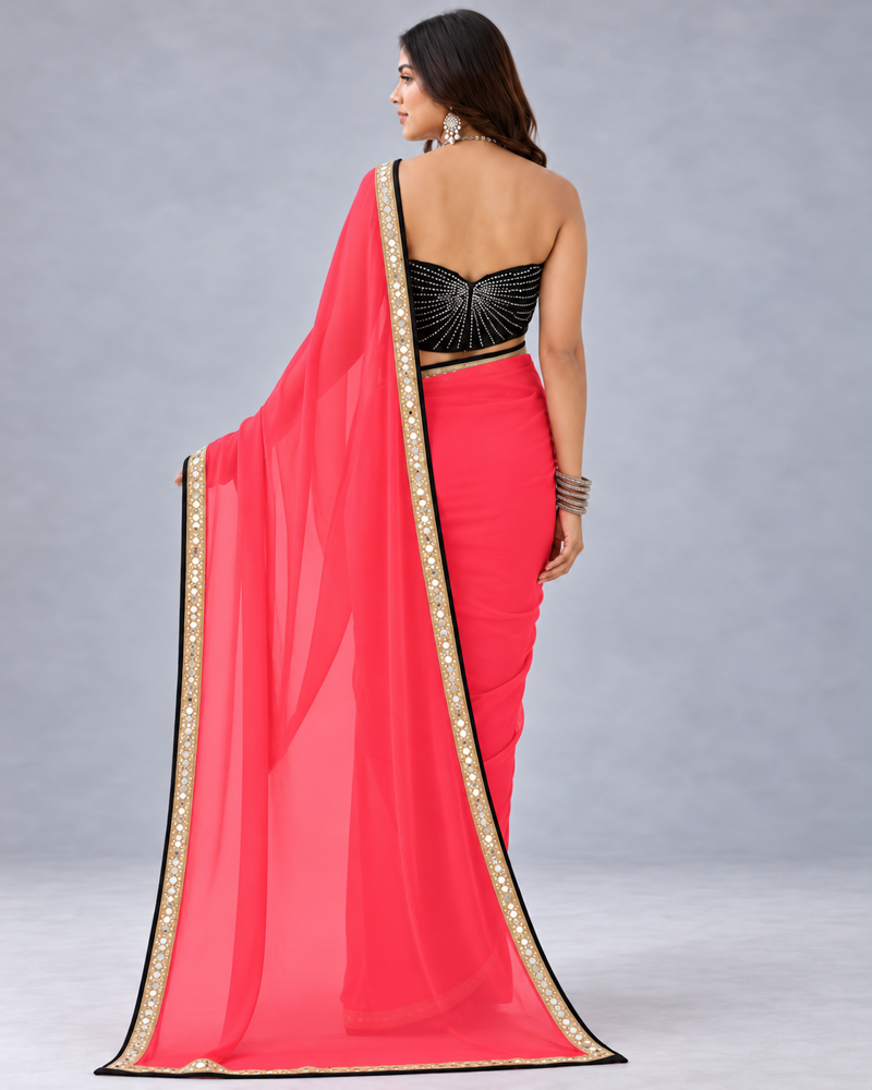 Coral pink saree, back with pallu — photo 2 of 2