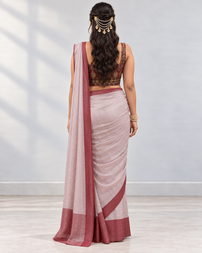 Blush and Bordeaux saree, back — AI-styled photo 2 of 4