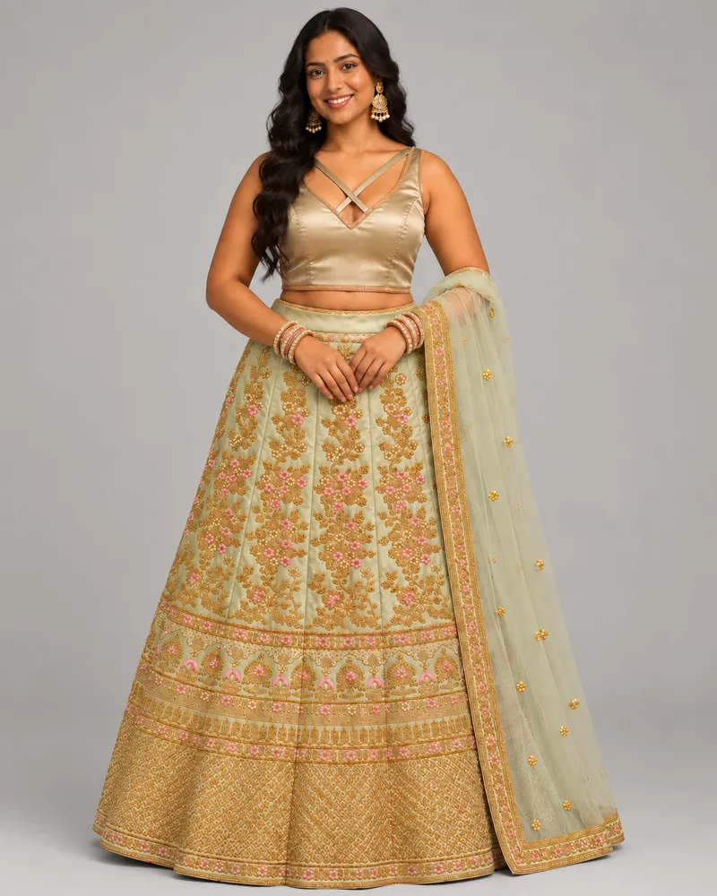 Pistachio and Petals lehenga set, front — AI-styled photo 1 of 5