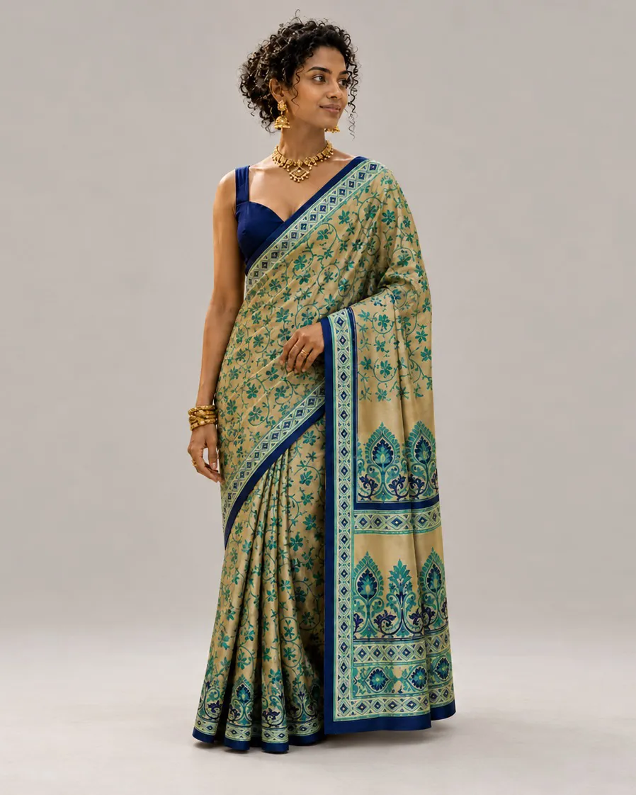 Peacock Serenade saree, front — AI-styled photo 1 of 3