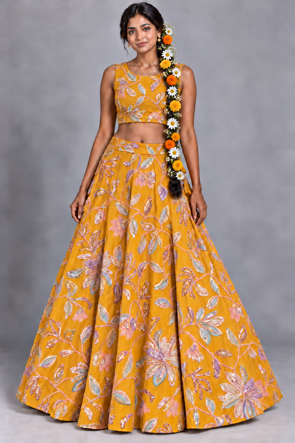 Saffron floral sequin lehenga set, front — AI-styled photo 1 of 2
