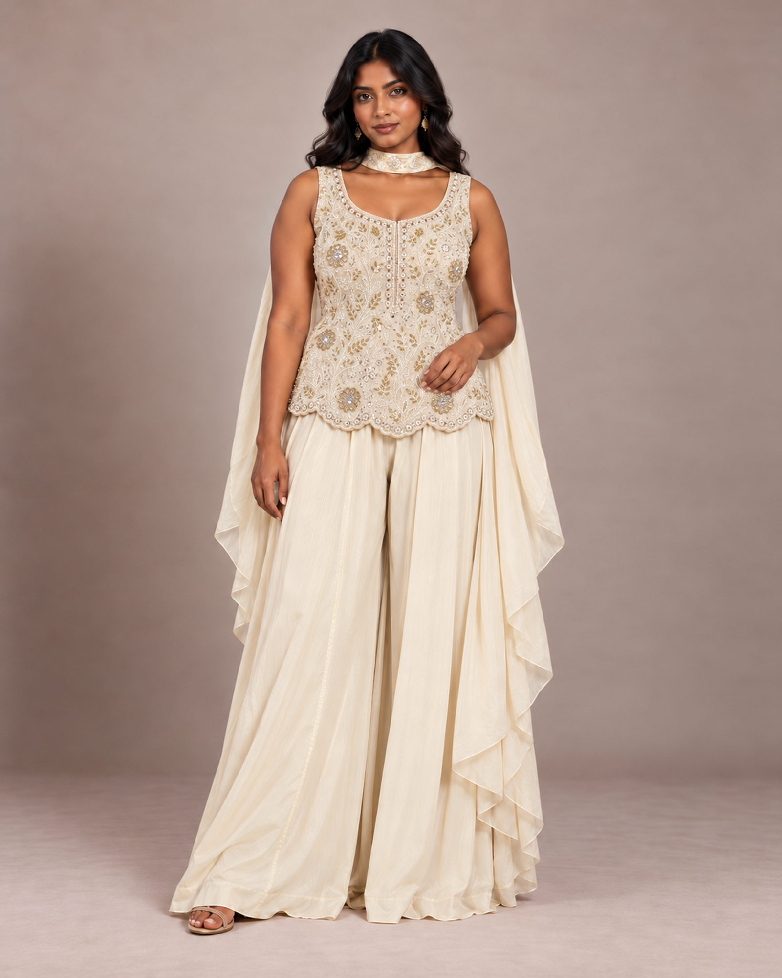 Chaandni ivory and gold embroidered sharara set, front — AI-styled photo 1 of 2