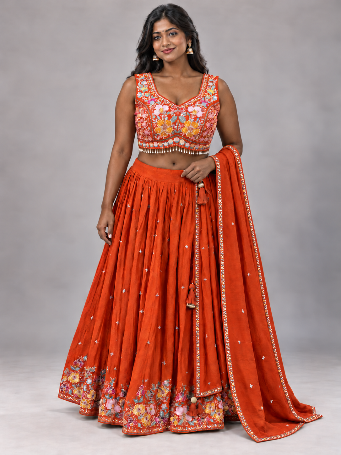 Sunset Blossom lehenga set, front — AI-styled photo 1 of 2