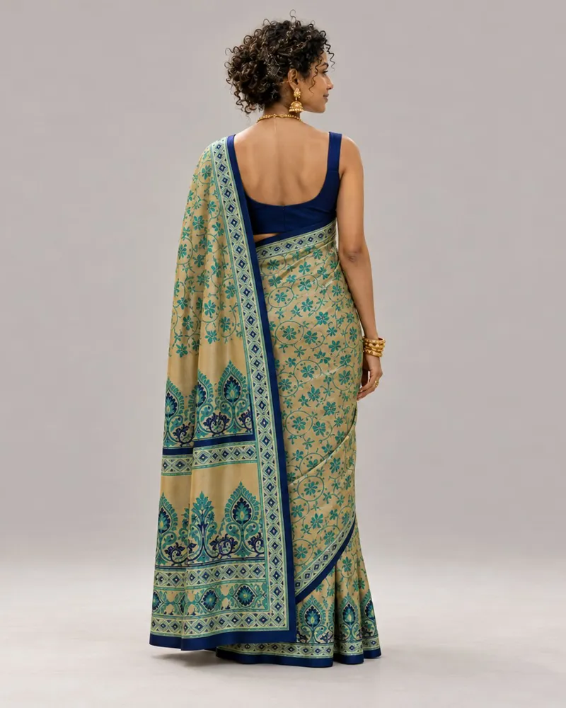 Peacock Serenade saree, back showing the pallu — AI-styled photo 2 of 3