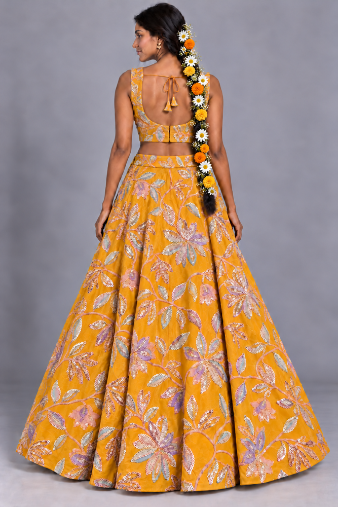 Saffron floral sequin lehenga set, back — AI-styled photo 2 of 2