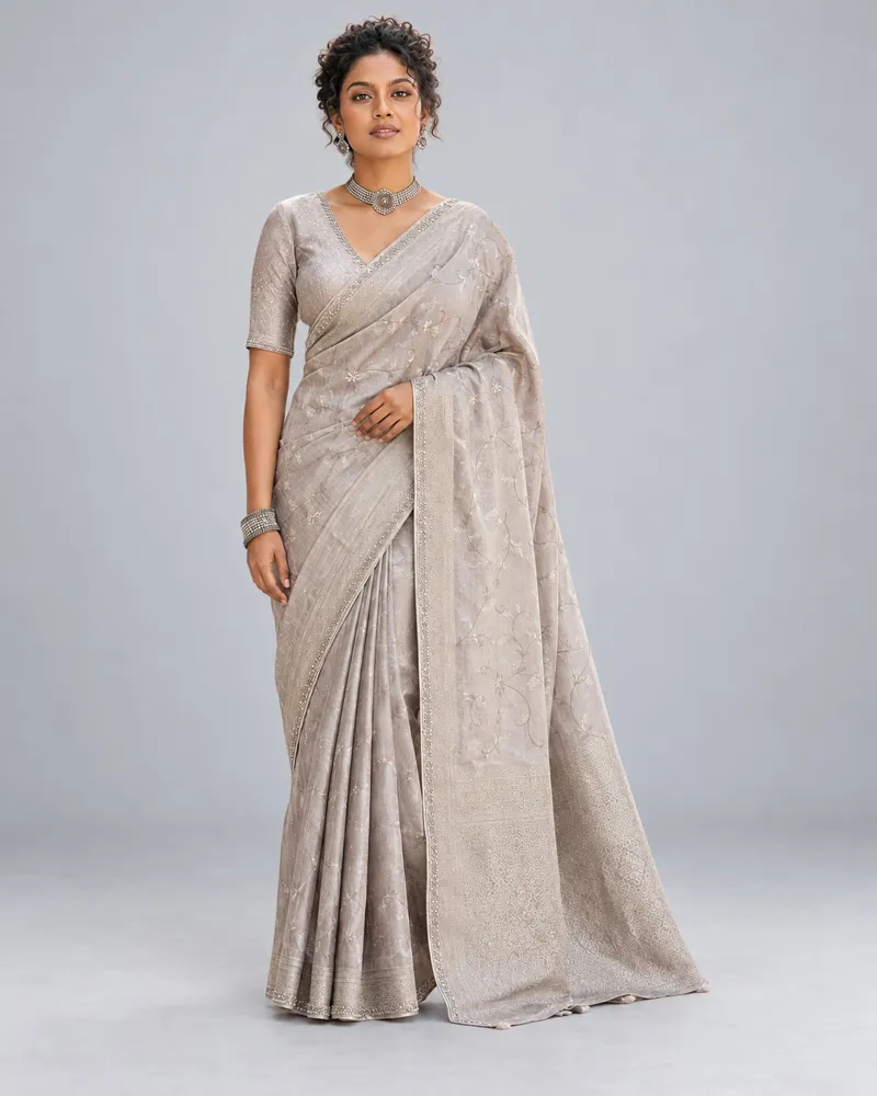 Moonlit Mist saree, front — AI-styled photo 1 of 5