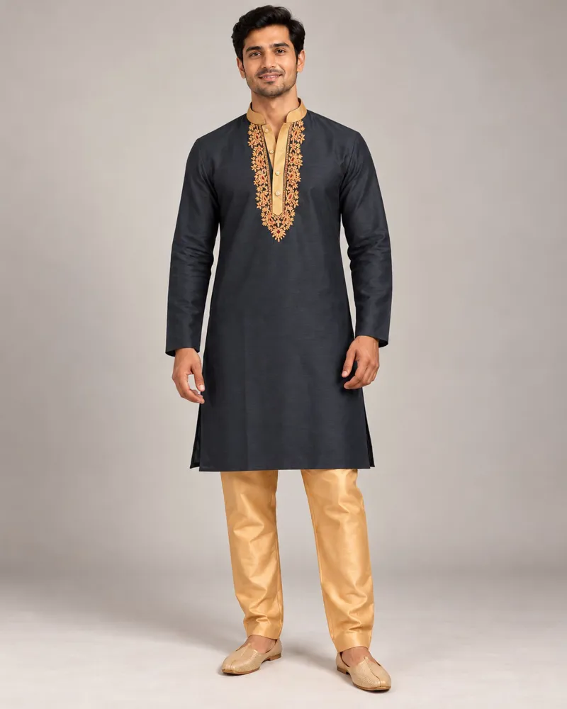 Midnight Regent kurta set, front — AI-styled photo