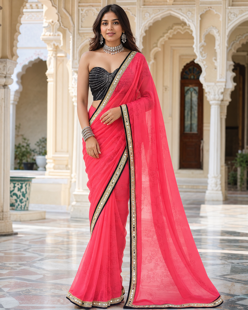 Sheer chiffon saree with mirror work border detail