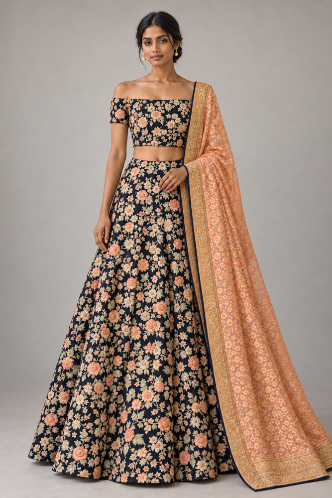 Hand embroidered navy Blue Lehenga — photo 3 of 4