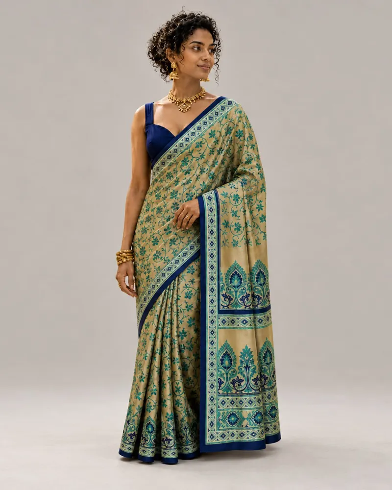 Peacock Serenade saree, front — AI-styled photo 1 of 3