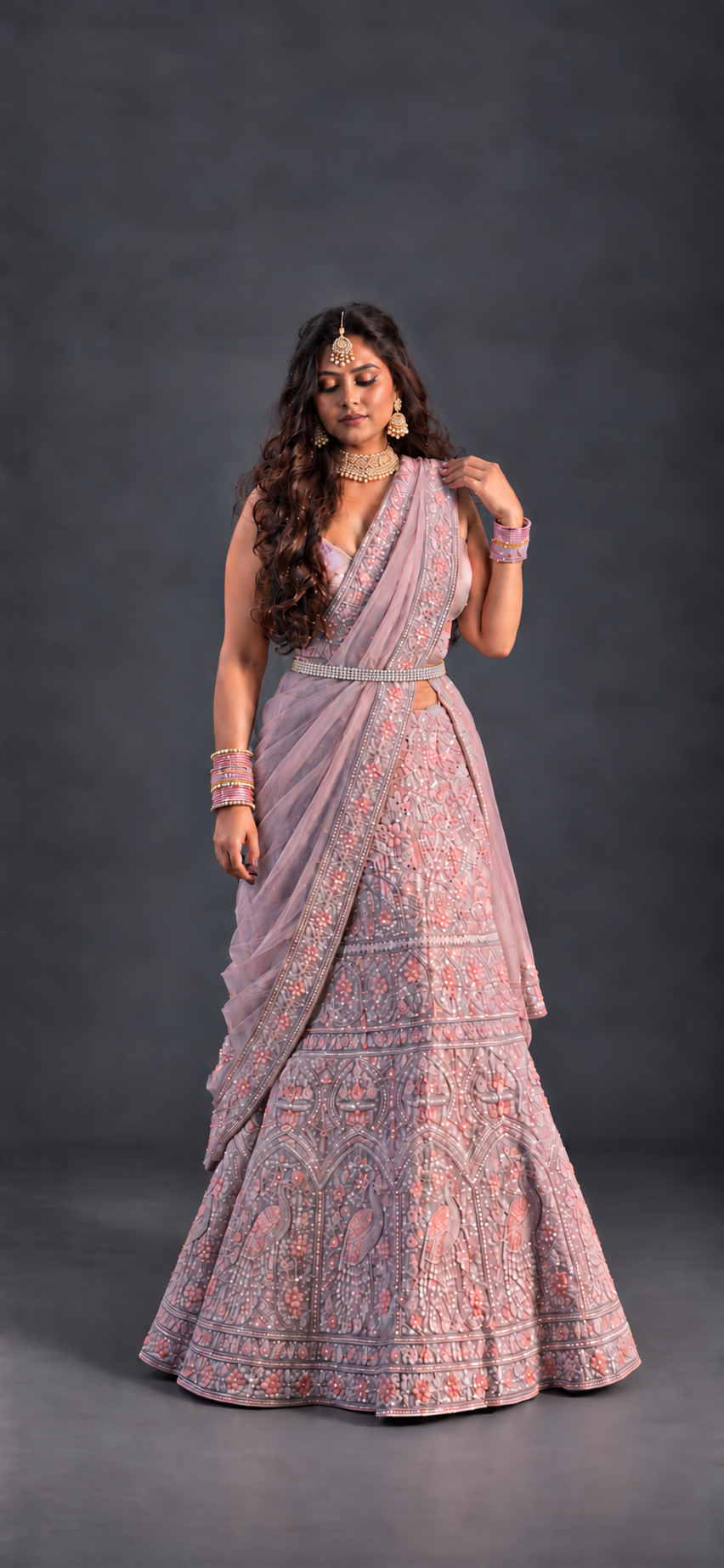 Dusty pink embroidered lehenga, front