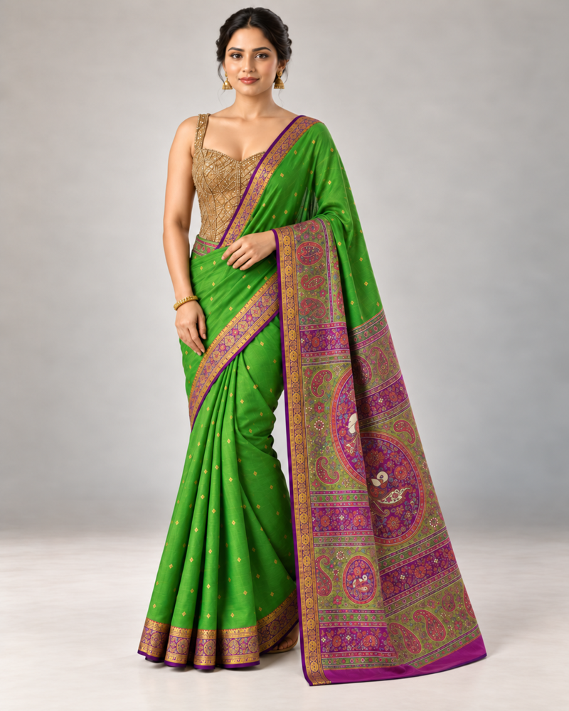 Pachcha Pure Raw Silk Saree, front — AI-styled photo 1 of 2