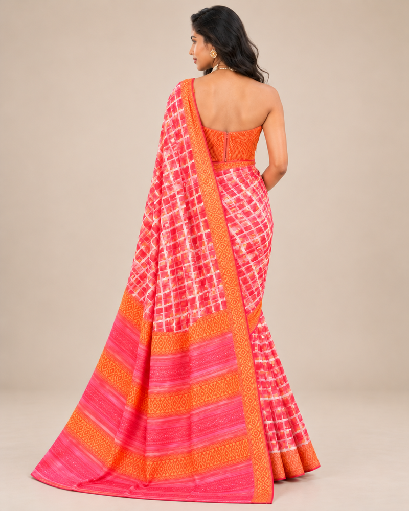 The Gulabi Sunset Satin Saree, back showing the pallu — AI-styled photo 2 of 2