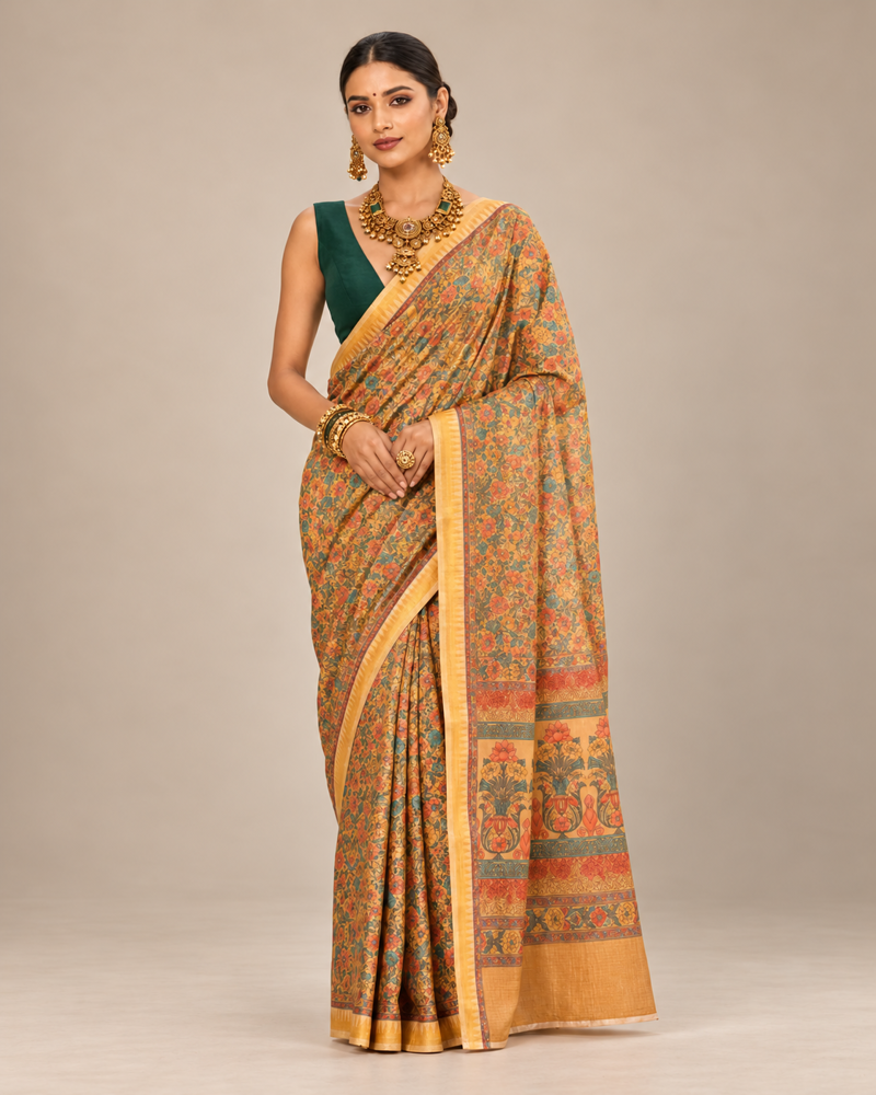 Gulmohar Heritage Saree, front — AI-styled photo 1 of 2
