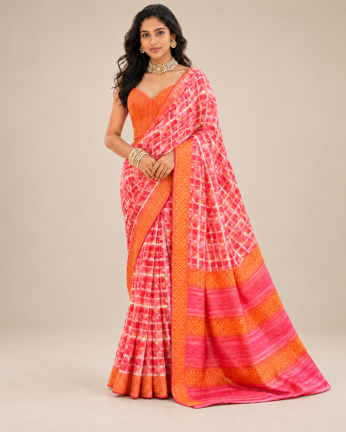 The Gulabi Sunset Satin Saree, front — AI-styled photo 1 of 2