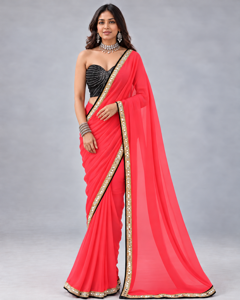 Sheer chiffon saree with mirror work border, front — AI-styled photo 1 of 2