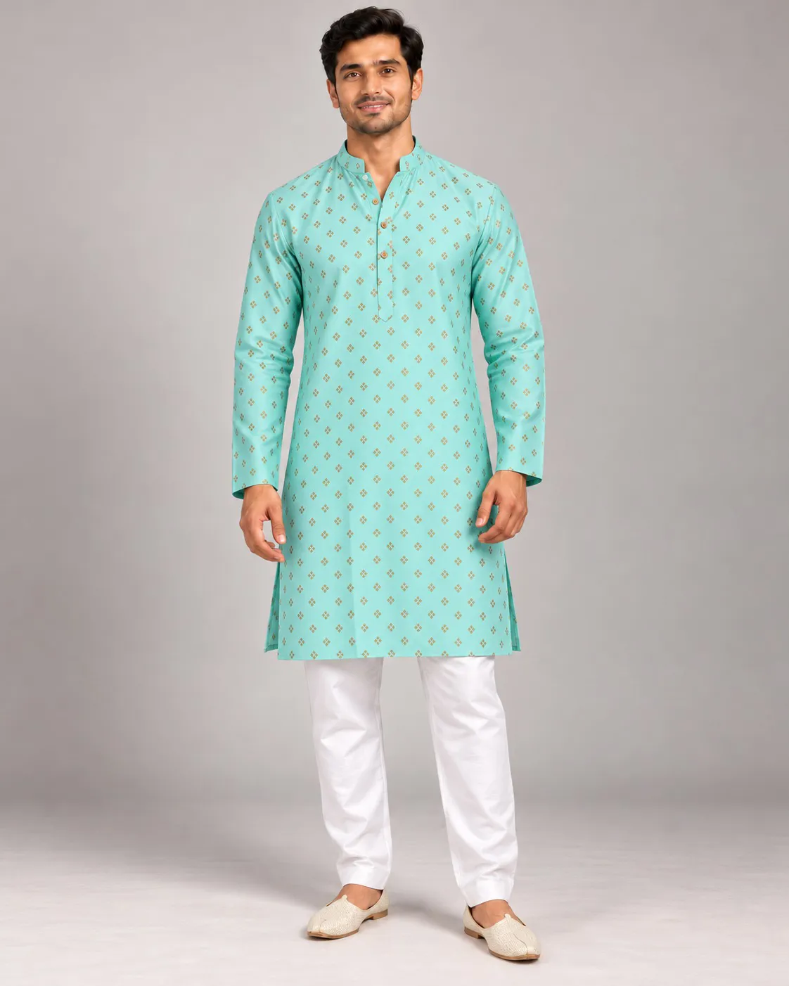 Turquoise Meridian kurta set, front — AI-styled photo 1 of 3