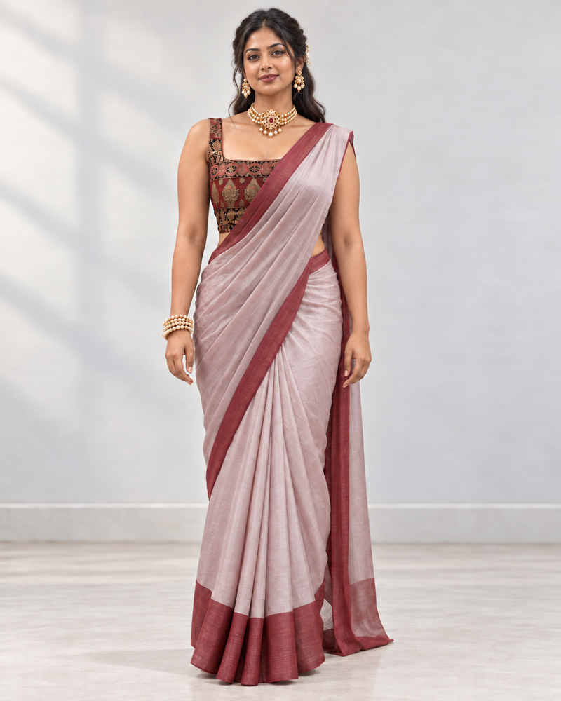 Blush and Bordeaux saree, front — AI-styled photo 1 of 4