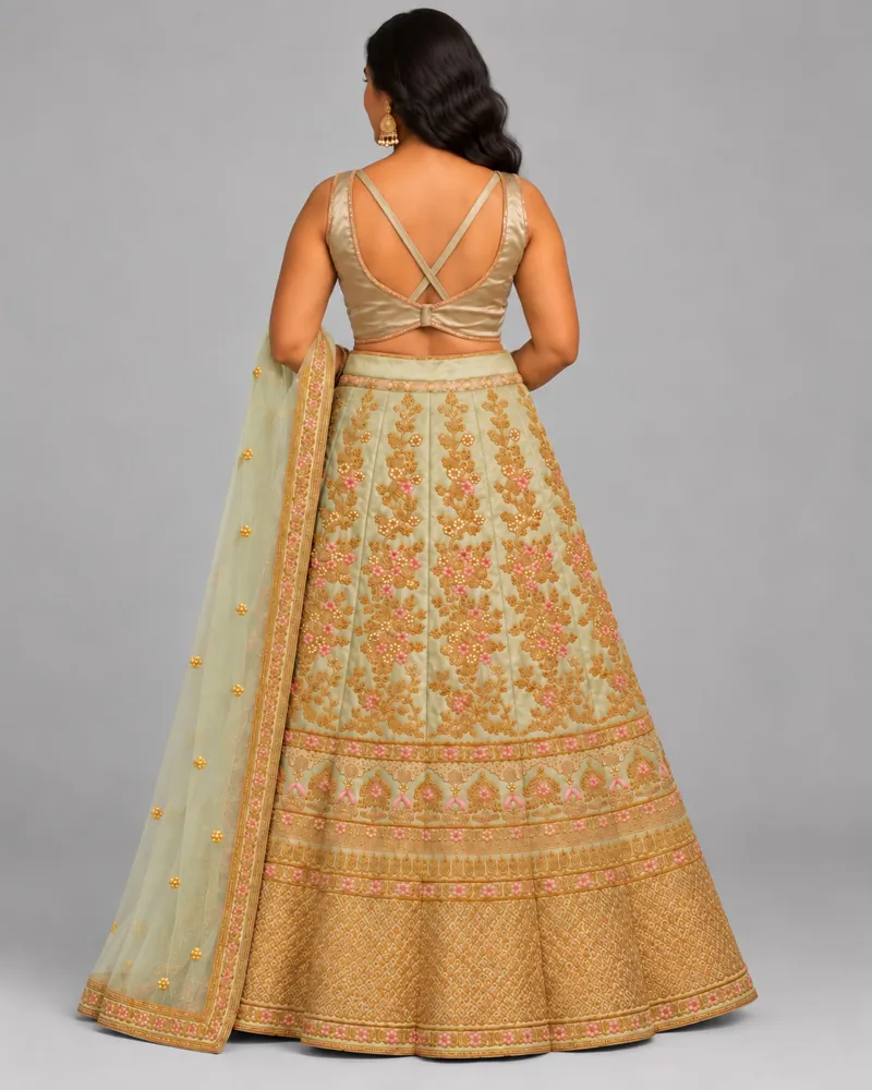 Pistachio and Petals lehenga set, back — AI-styled photo 2 of 5